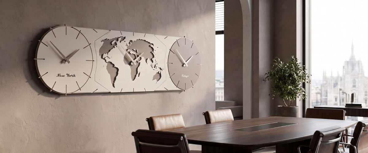 CalleaDesign world time clock with multiple time zones and world map in a contemporary executive interior
