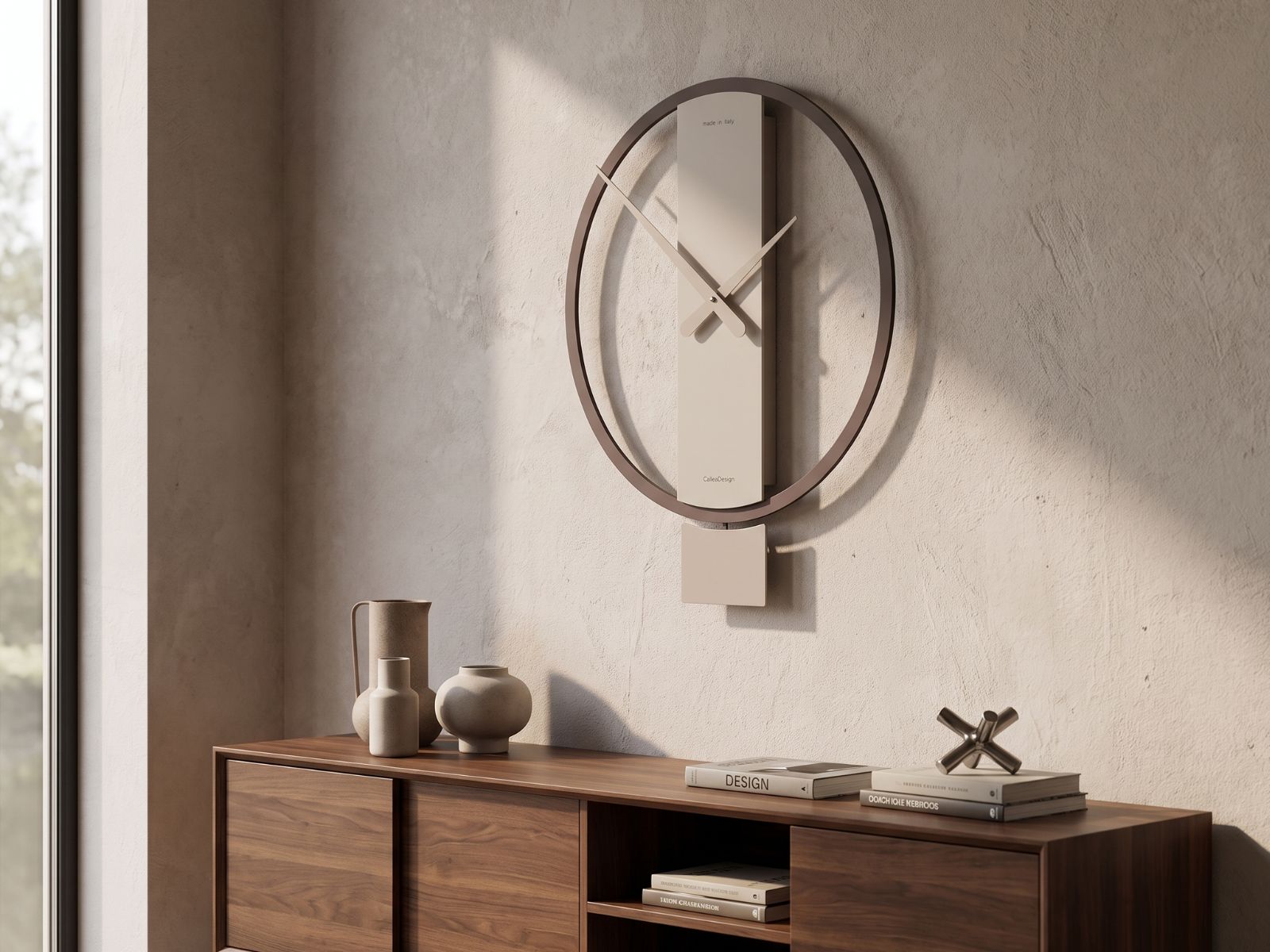 Modern pendulum wall clock in a bright contemporary interior