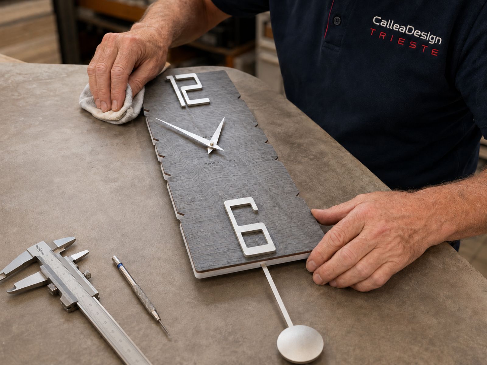 Handcrafted assembly of a CalleaDesign pendulum wall clock in the Trieste workshop